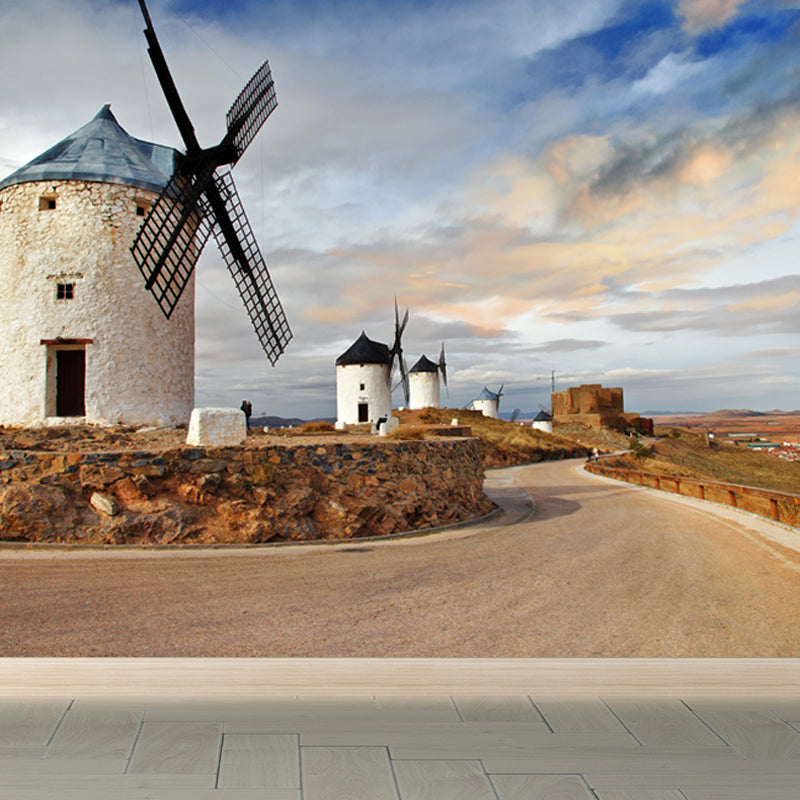 Huge Windmill and Sky Mural for Bedroom Nature Scene Wall Art in Pastel Color, Stain Resistant Brown Clearhalo 'Wall Decor' 'Wall Mural' 1627918