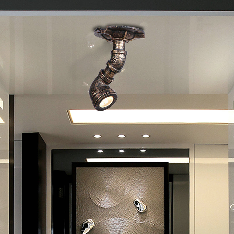 1 Light Metal Semi Flush Light Rustic Industrial Antique Brass Water Pipe Hallway Ceiling Mounted Light Antique Brass A Clearhalo 'Ceiling Lights' 'Close To Ceiling Lights' 'Close to ceiling' 'Semi-flushmount' Lighting' 163049
