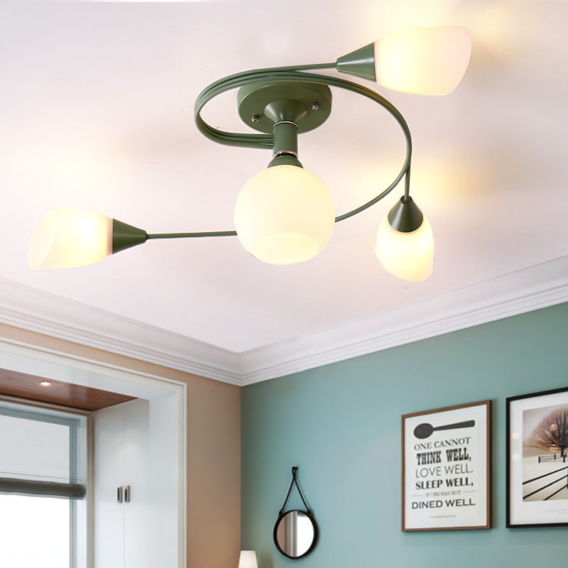 Curly Semi Flush Mount Light Nordic Iron 4/6-Head Grey/Pink/Yellow Ceiling Lamp with White Glass Shade Clearhalo 'Ceiling Lights' 'Chandeliers' 'Close To Ceiling Lights' 'Close to ceiling' 'Glass shade' 'Glass' 'Semi-flushmount' Lighting' 163309