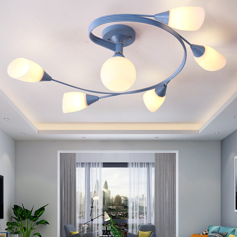 Curly Semi Flush Mount Light Nordic Iron 4/6-Head Grey/Pink/Yellow Ceiling Lamp with White Glass Shade 6 Blue Clearhalo 'Ceiling Lights' 'Chandeliers' 'Close To Ceiling Lights' 'Close to ceiling' 'Glass shade' 'Glass' 'Semi-flushmount' Lighting' 163328