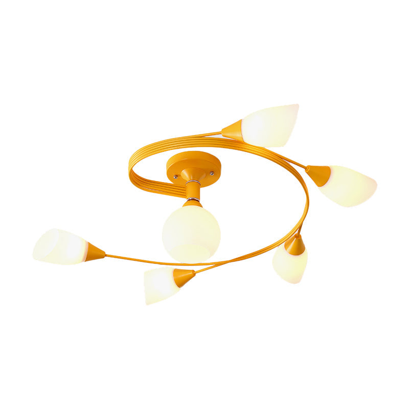 Curly Semi Flush Mount Light Nordic Iron 4/6-Head Grey/Pink/Yellow Ceiling Lamp with White Glass Shade Clearhalo 'Ceiling Lights' 'Chandeliers' 'Close To Ceiling Lights' 'Close to ceiling' 'Glass shade' 'Glass' 'Semi-flushmount' Lighting' 163339