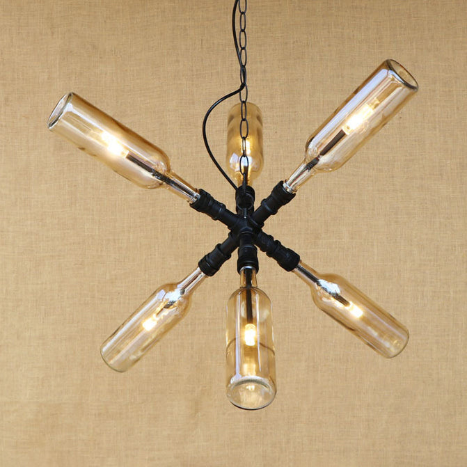 Glass Clear/Blue Pendant Light Bottle Shade 2/4/6 Lights Industrial Style Ceiling Fixture with Pipe Design in Black/Aged Brass 6 Black Smoke Grey Clearhalo 'Ceiling Lights' 'Chandeliers' 'Glass shade' 'Glass' 'Industrial Chandeliers' 'Industrial' 'Middle Century Chandeliers' 'Tiffany' Lighting' 16343