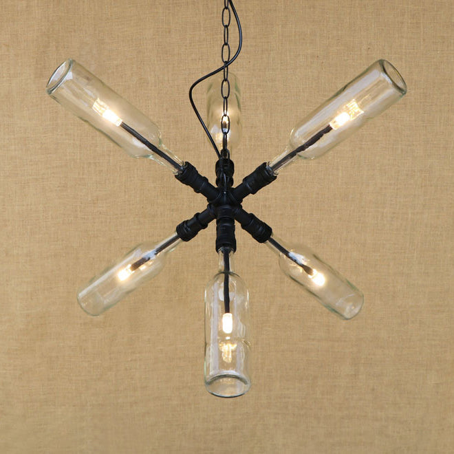 Glass Clear/Blue Pendant Light Bottle Shade 2/4/6 Lights Industrial Style Ceiling Fixture with Pipe Design in Black/Aged Brass 6 Black Clear Clearhalo 'Ceiling Lights' 'Chandeliers' 'Glass shade' 'Glass' 'Industrial Chandeliers' 'Industrial' 'Middle Century Chandeliers' 'Tiffany' Lighting' 16345
