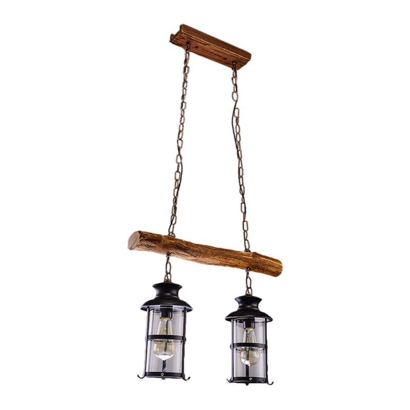 Brown 2/3-Bulb Island Lighting Ideas Nautical Clear Glass Cylinder Cluster Pendant with Wood Design Clearhalo 'Ceiling Lights' 'Island Lights' Lighting' 1636952