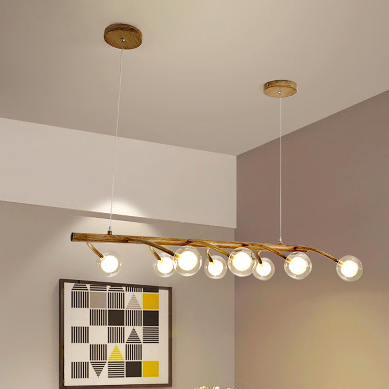 Branching Dining Hall Drop Pendant Industrial Wooden 6/8-Head Brown Island Chandelier with Modo Clear Glass Shade 8 Brown Clearhalo 'Ceiling Lights' 'Island Lights' Lighting' 1637213