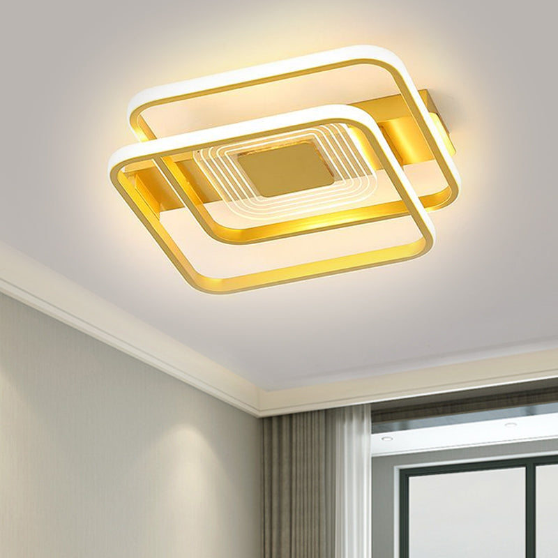 2-Rectangle/Square Flush Mount Lamp Nordic Metal 16.5"/20.5"/35.5" Wide LED Gold Ceiling Lighting, Warm/White Light Clearhalo 'Ceiling Lights' 'Close To Ceiling Lights' 'Close to ceiling' 'Flush mount' Lighting' 1637241