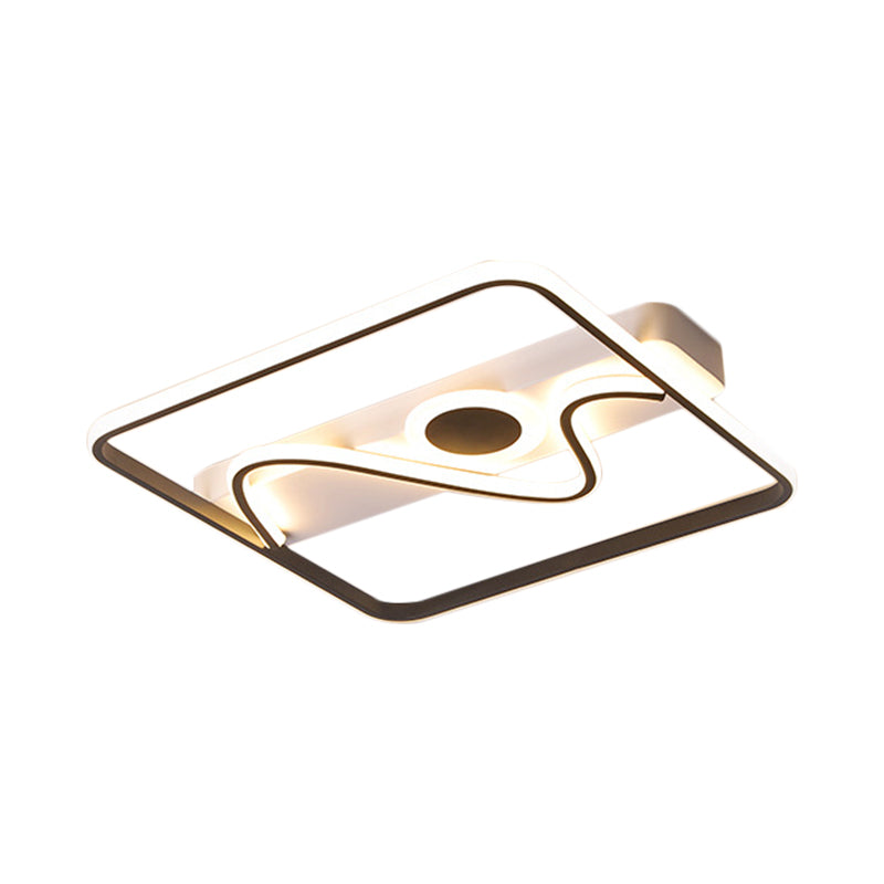 Black Square Frame Ceiling Flush Contemporary 16"/19.5"/23.5" W LED Metal Flush Mount Fixture with Curved Line and Circle Decor, Warm/White Light Clearhalo 'Ceiling Lights' 'Close To Ceiling Lights' 'Close to ceiling' 'Flush mount' Lighting' 1637425