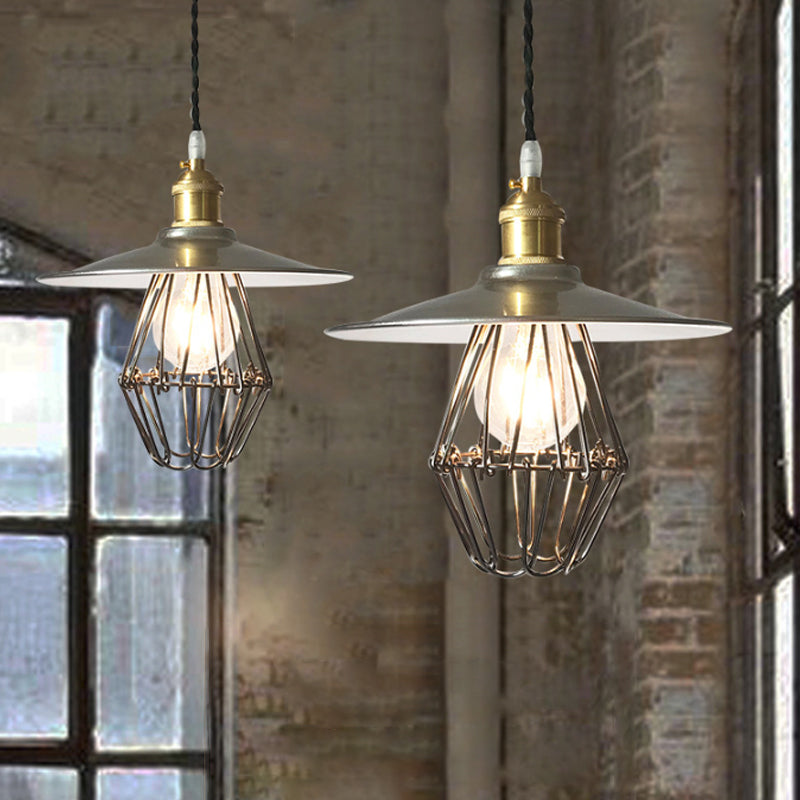 Industrial Saucer-Like Drop Pendant Single Light Metal Caged Design Hanging Ceiling Lamp in Nickel, 9"/14" Width Nickel 9" Clearhalo 'Art Deco Pendants' 'Cast Iron' 'Ceiling Lights' 'Ceramic' 'Crystal' 'Industrial Pendants' 'Industrial' 'Metal' 'Middle Century Pendants' 'Pendant Lights' 'Pendants' 'Tiffany' Lighting' 1637442