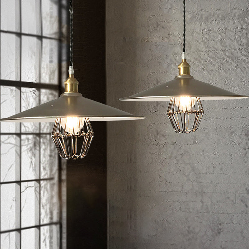 Industrial Saucer-Like Drop Pendant Single Light Metal Caged Design Hanging Ceiling Lamp in Nickel, 9"/14" Width Nickel 14" Clearhalo 'Art Deco Pendants' 'Cast Iron' 'Ceiling Lights' 'Ceramic' 'Crystal' 'Industrial Pendants' 'Industrial' 'Metal' 'Middle Century Pendants' 'Pendant Lights' 'Pendants' 'Tiffany' Lighting' 1637446