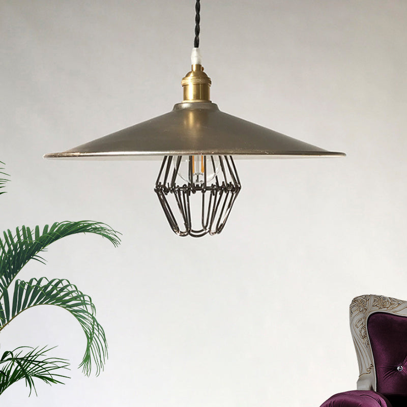 Industrial Saucer-Like Drop Pendant Single Light Metal Caged Design Hanging Ceiling Lamp in Nickel, 9"/14" Width Clearhalo 'Art Deco Pendants' 'Cast Iron' 'Ceiling Lights' 'Ceramic' 'Crystal' 'Industrial Pendants' 'Industrial' 'Metal' 'Middle Century Pendants' 'Pendant Lights' 'Pendants' 'Tiffany' Lighting' 1637448