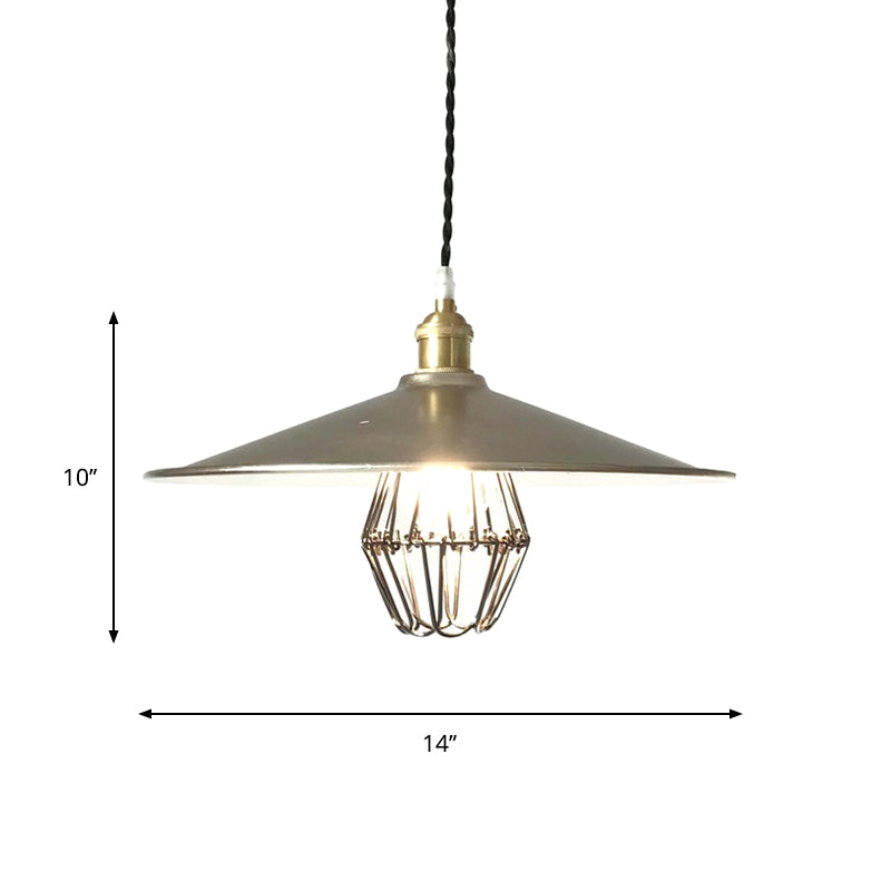 Industrial Saucer-Like Drop Pendant Single Light Metal Caged Design Hanging Ceiling Lamp in Nickel, 9"/14" Width Clearhalo 'Art Deco Pendants' 'Cast Iron' 'Ceiling Lights' 'Ceramic' 'Crystal' 'Industrial Pendants' 'Industrial' 'Metal' 'Middle Century Pendants' 'Pendant Lights' 'Pendants' 'Tiffany' Lighting' 1637450