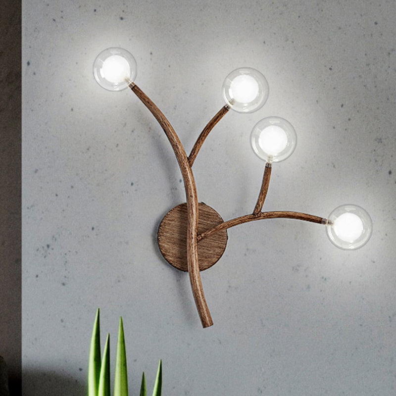 Wooden Brown Wall Mount Light Twig 3/4 Heads Farmhouse Wall Sconce Lighting with Bubble Clear Glass Shade Clearhalo 'Industrial wall lights' 'Industrial' 'Middle century wall lights' 'Rustic wall lights' 'Tiffany' 'Wall Lamps & Sconces' 'Wall Lights' Lighting' 1637477