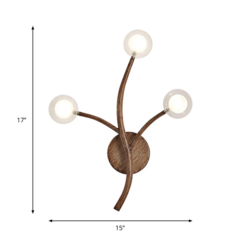 Wooden Brown Wall Mount Light Twig 3/4 Heads Farmhouse Wall Sconce Lighting with Bubble Clear Glass Shade Clearhalo 'Industrial wall lights' 'Industrial' 'Middle century wall lights' 'Rustic wall lights' 'Tiffany' 'Wall Lamps & Sconces' 'Wall Lights' Lighting' 1637484