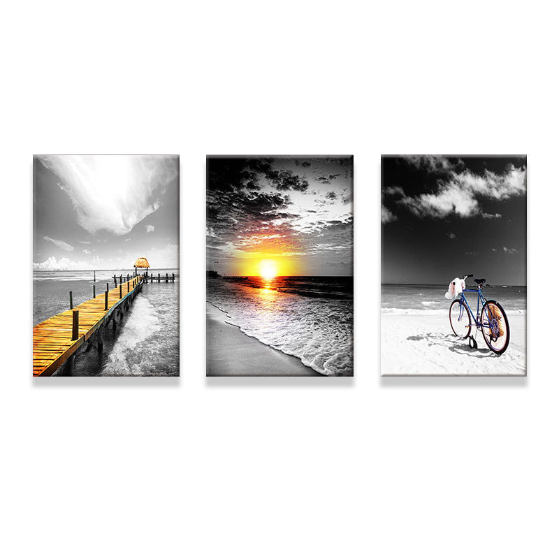 Tropix Beach Seascape Wall Art Set Grey and Yellow Textured Canvas for House Interior Clearhalo 'Art Gallery' 'Canvas Art' 'Coastal Art Gallery' 'Nautical' Arts' 1638418