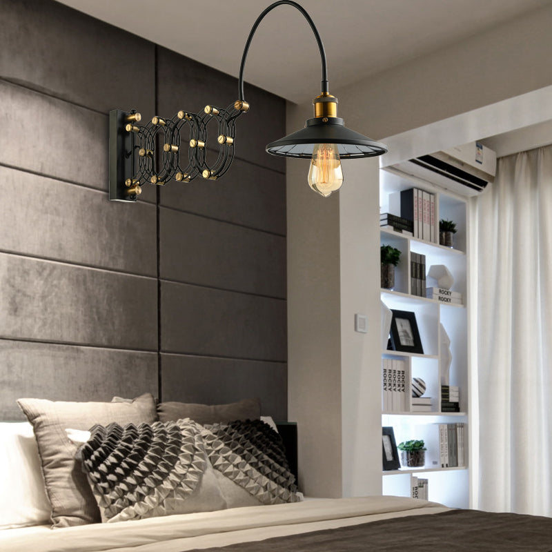 Vintage Stylish Saucer Wall Lighting 1 Head Metal Wall Mount Light with Extendable Arm in Black Black Clearhalo 'Art deco wall lights' 'Cast Iron' 'Glass' 'Industrial wall lights' 'Industrial' 'Middle century wall lights' 'Modern' 'Rustic wall lights' 'Tiffany' 'Traditional wall lights' 'Wall Lamps & Sconces' 'Wall Lights' Lighting' 163844