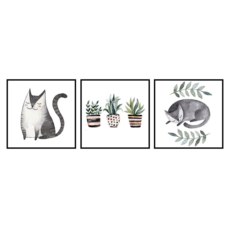 Childrens Art Cat Canvas Print White Botanical Wall Decor for Kids Bedroom, Textured Clearhalo 'Art Gallery' 'Canvas Art' 'Kids' Arts' 1638644