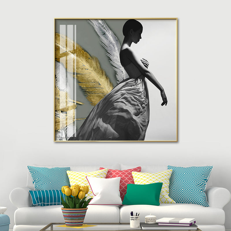 Woman Figure Canvas Modern Style Textured Girls Bedroom Wall Art Print in Dark Color