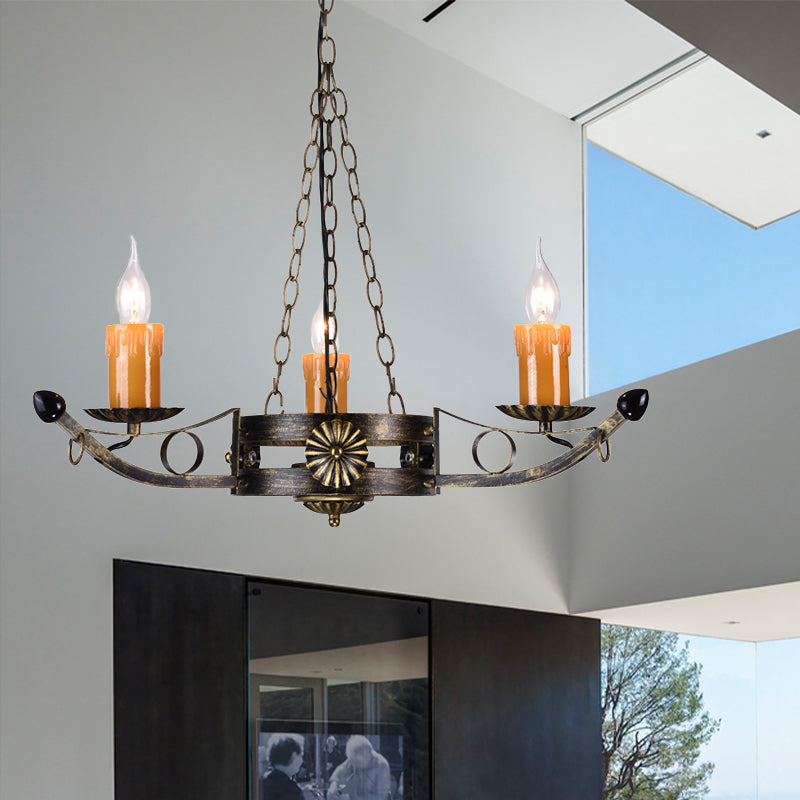 Three-head Antique Chandeliers Metal Candle Ceiling Pendant Light in Brass for Coffee Shop Brass Clearhalo 'Ceiling Lights' 'Chandeliers' Lighting' options 164001_d79a1562-c2e2-4fb7-ad35-439add8cfe7e