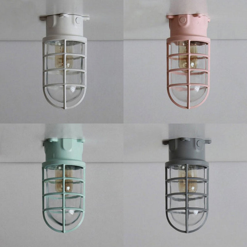 1 Light Ceiling Lighting with Cylinder Shade Clear Glass Industrial Living Room Flush Mount in Black/White/Pink with Cage Clearhalo 'Ceiling Lights' 'Close To Ceiling Lights' 'Close to ceiling' 'Flush mount' 'Industrial Flush Mount' Lighting' 16406