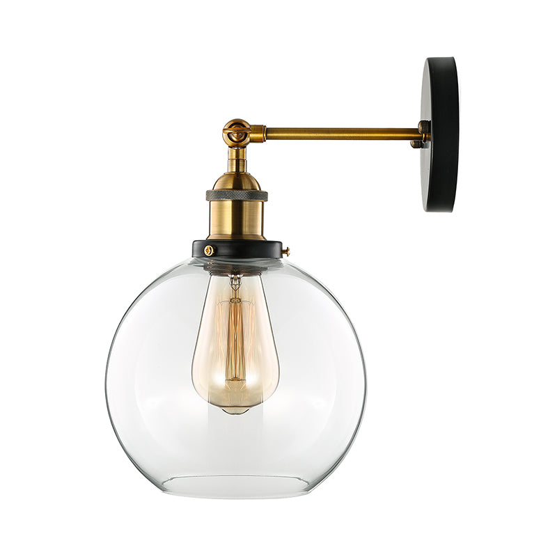 Spherical Living Room Wall Light Fixture Industrial Clear Glass 1 Light Brass Sconce Lamp Clearhalo 'Art deco wall lights' 'Cast Iron' 'Glass' 'Industrial wall lights' 'Industrial' 'Middle century wall lights' 'Modern' 'Rustic wall lights' 'Tiffany' 'Traditional wall lights' 'Wall Lamps & Sconces' 'Wall Lights' Lighting' 164092