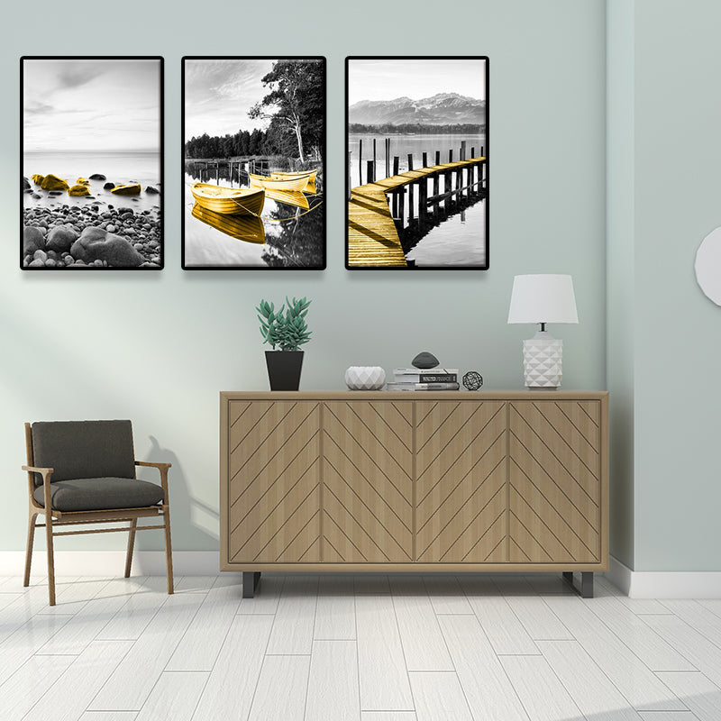 Shore Landscape Wall Art Decor in Gold Tropix Canvas Print for Living Room, Set of 3 Clearhalo 'Art Gallery' 'Canvas Art' 'Coastal Art Gallery' 'Nautical' Arts' 1641357
