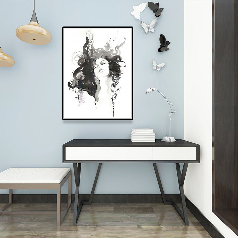 Black Curly Girl Canvas Art Figure Painting Minimalist Textured Wall Decor for Home Clearhalo 'Art Gallery' 'Canvas Art' 'Contemporary Art Gallery' 'Contemporary Art' 'Minimalism' 'Minimalist Art Gallery' 'Scandinavian' Arts' 1641746