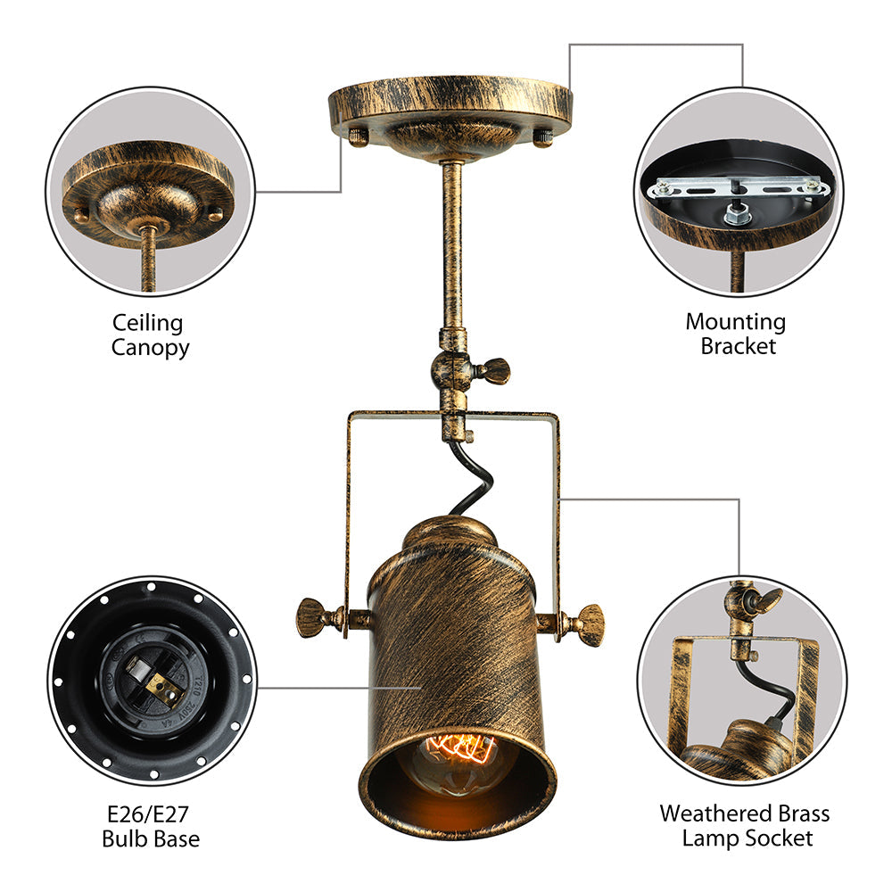 1/2/3/4-Head Iron Semi Flush Mount Light Vintage Style Bronze/Gold Finish Cylindrical Shade Ceiling Fixture for Restaurant Clearhalo 'Ceiling Lights' 'Close To Ceiling Lights' 'Close to ceiling' 'Semi-flushmount' Lighting' 16420