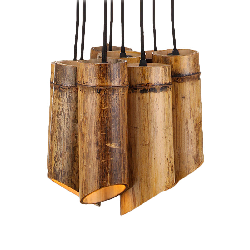 Eight-light Bamboo Hanging Lamp Antique Tube Suspension Light in Beige for Bistro Restaurant Clearhalo 'Ceiling Lights' 'Industrial Pendants' 'Industrial' 'Middle Century Pendants' 'Pendant Lights' 'Pendants' 'Tiffany' Lighting' 164232
