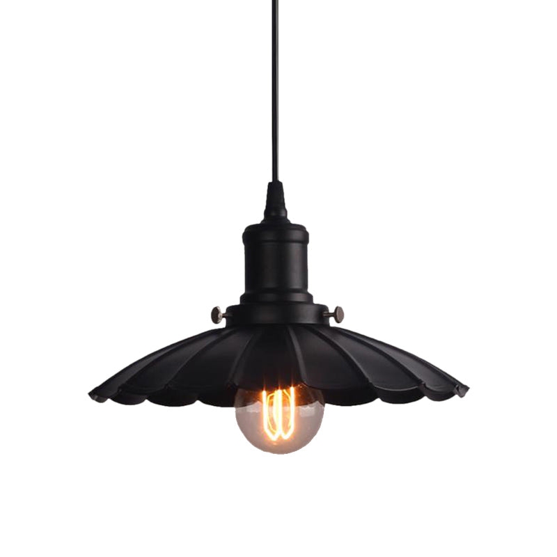 Black Scalloped Hanging Lamp Vintage Industrial Metal 1 Bulb Indoor Ceiling Light Fixture, 10"/12" Diameter Clearhalo 'Art Deco Pendants' 'Black' 'Cast Iron' 'Ceiling Lights' 'Ceramic' 'Crystal' 'Industrial Pendants' 'Industrial' 'Metal' 'Middle Century Pendants' 'Pendant Lights' 'Pendants' 'Rustic Pendants' 'Tiffany' Lighting' 164241