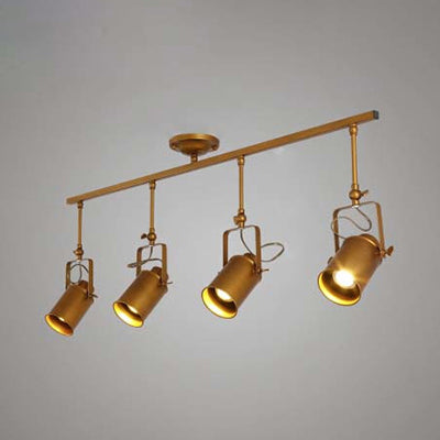 1/2/3/4-Head Iron Semi Flush Mount Light Vintage Style Bronze/Gold Finish Cylindrical Shade Ceiling Fixture for Restaurant 4 Gold Clearhalo 'Ceiling Lights' 'Close To Ceiling Lights' 'Close to ceiling' 'Semi-flushmount' Lighting' 16430