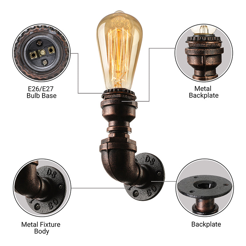 Water Pipe Metallic Wall Lighting with Bare Bulb Industrial 1 Light Living Room Mini Wall Mount Light in Black/Copper Clearhalo 'Art deco wall lights' 'Cast Iron' 'Glass' 'Industrial wall lights' 'Industrial' 'Middle century wall lights' 'Modern' 'Rustic wall lights' 'Tiffany' 'Traditional wall lights' 'Wall Lamps & Sconces' 'Wall Lights' Lighting' 164324