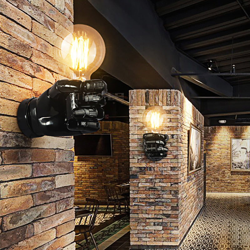 Black/White Bare Bulb Sconce Light with Hand Shape Base Vintage Style Wood 1 Light Restaurant Wall Lamp Black Left Clearhalo 'Industrial wall lights' 'Industrial' 'Middle century wall lights' 'Rustic wall lights' 'Tiffany' 'Wall Lamps & Sconces' 'Wall Lights' Lighting' 164346