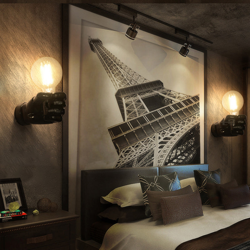 Black/White Bare Bulb Sconce Light with Hand Shape Base Vintage Style Wood 1 Light Restaurant Wall Lamp Clearhalo 'Industrial wall lights' 'Industrial' 'Middle century wall lights' 'Rustic wall lights' 'Tiffany' 'Wall Lamps & Sconces' 'Wall Lights' Lighting' 164347