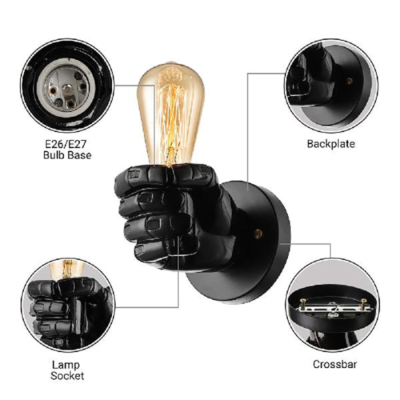 Black/White Bare Bulb Sconce Light with Hand Shape Base Vintage Style Wood 1 Light Restaurant Wall Lamp Clearhalo 'Industrial wall lights' 'Industrial' 'Middle century wall lights' 'Rustic wall lights' 'Tiffany' 'Wall Lamps & Sconces' 'Wall Lights' Lighting' 164352