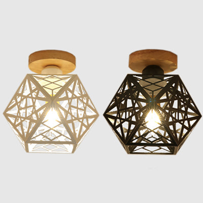 1 Bulb Metallic Semi Flush Mount Light Loft Style Black/White Pentagon Cage Living Room Ceiling Mounted Fixture Clearhalo 'Ceiling Lights' 'Close To Ceiling Lights' 'Close to ceiling' 'Semi-flushmount' Lighting' 16436