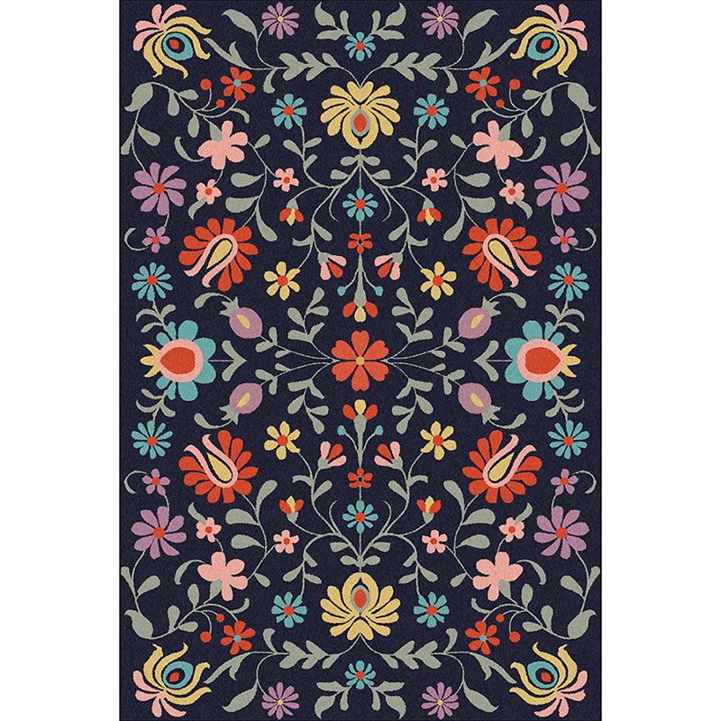 Classic Floral Pattern Rug with Leaf Navy Polyester Rug Machine Washable Non-Slip Area Rug for Bedroom Clearhalo 'Area Rug' 'Rugs' 'Vintage' Rug' 1643632