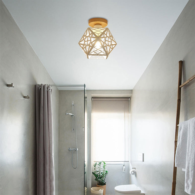 1 Bulb Metallic Semi Flush Mount Light Loft Style Black/White Pentagon Cage Living Room Ceiling Mounted Fixture Clearhalo 'Ceiling Lights' 'Close To Ceiling Lights' 'Close to ceiling' 'Semi-flushmount' Lighting' 16438