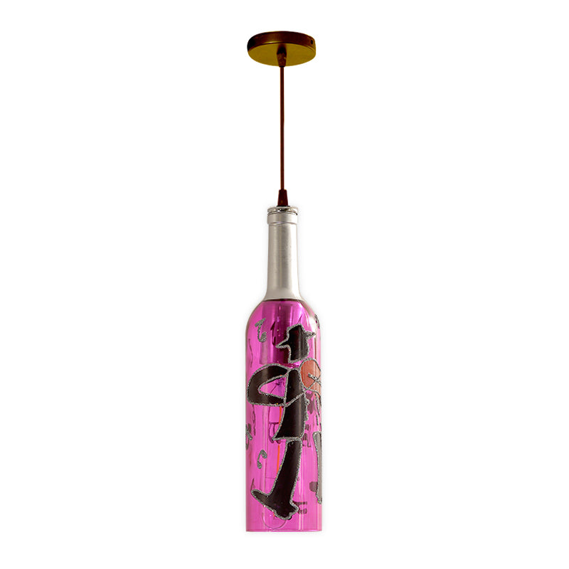 1 Light Bottle Hanging Lamp Industrial Style Red/Yellow Glass Suspended Light with Pattern for Restaurant Clearhalo 'Ceiling Lights' 'Glass shade' 'Glass' 'Industrial Pendants' 'Industrial' 'Middle Century Pendants' 'Pendant Lights' 'Pendants' 'Tiffany' Lighting' 164388