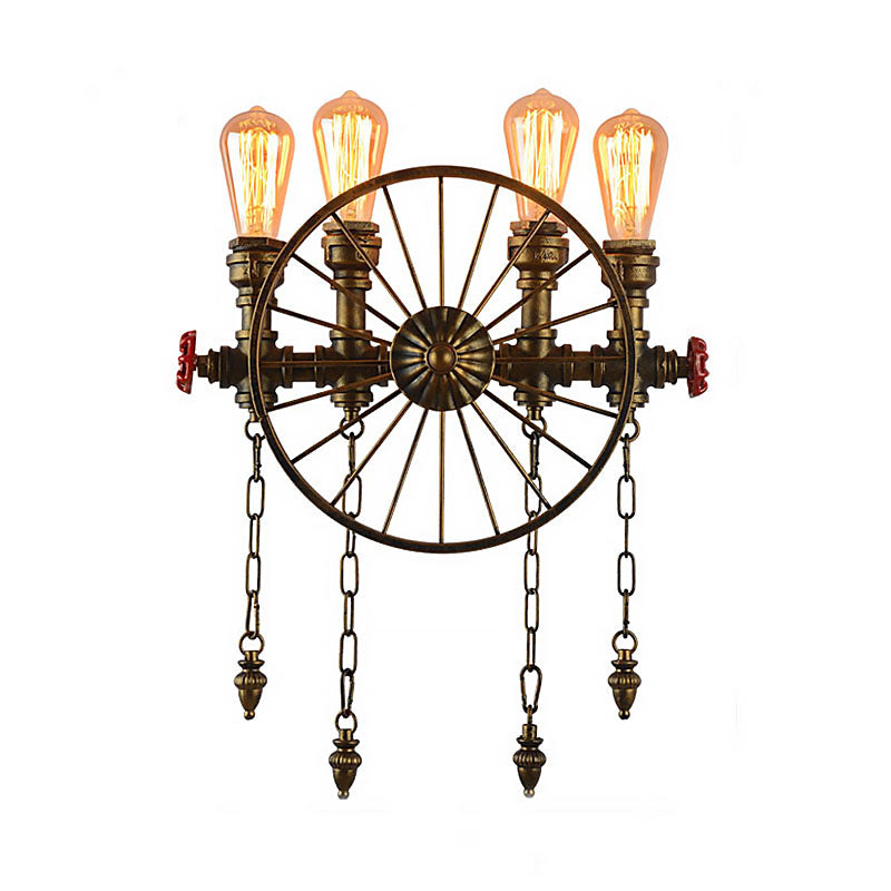 4 Lights Wheel Wall Lighting with Exposed Bulb Industrial Rustic Bronze/Silver Metal Sconce Lighting for Living Room Clearhalo 'Art deco wall lights' 'Cast Iron' 'Glass' 'Industrial wall lights' 'Industrial' 'Middle century wall lights' 'Modern' 'Rustic wall lights' 'Tiffany' 'Traditional wall lights' 'Wall Lamps & Sconces' 'Wall Lights' Lighting' 164521