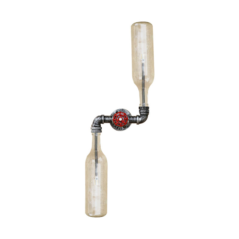 Glass Gray/Blue Wall Sconce Light Wine Bottle 2 Lights Industrial Style Wall Mount Light for Living Room Clear Clearhalo 'Cast Iron' 'Glass' 'Industrial wall lights' 'Industrial' 'Middle century wall lights' 'Modern' 'Tiffany' 'Traditional wall lights' 'Wall Lamps & Sconces' 'Wall Lights' Lighting' 164560