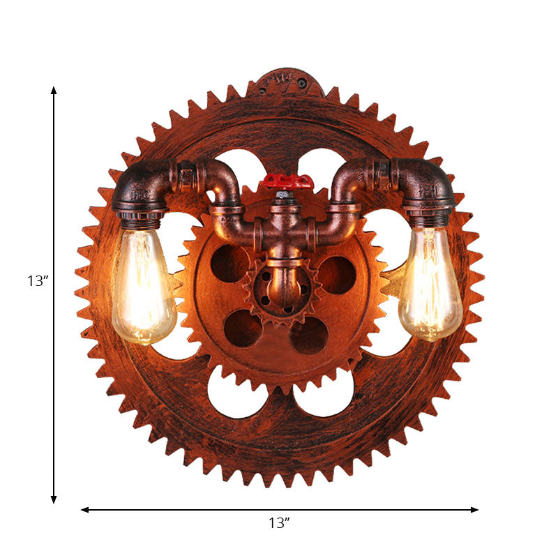 Iron Exposed Bulb Wall Mount Light Vintage Style 2 Lights Farmhouse Wall Lighting with Gear Decoration in Copper Clearhalo 'Art deco wall lights' 'Cast Iron' 'Glass' 'Industrial wall lights' 'Industrial' 'Middle century wall lights' 'Modern' 'Rustic wall lights' 'Tiffany' 'Traditional wall lights' 'Wall Lamps & Sconces' 'Wall Lights' Lighting' 164601
