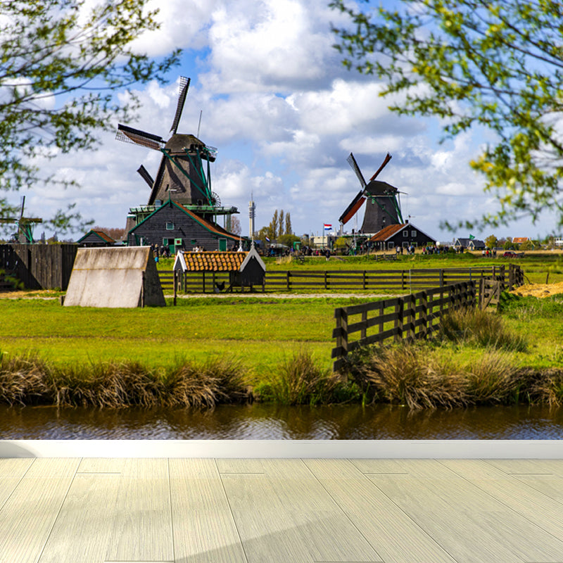 Full Size Photography Modern Mural Wallpaper with Windmill and Grassland in Green Green Design 3 Clearhalo 'Wall Decor' 'Wall Mural' 1646225