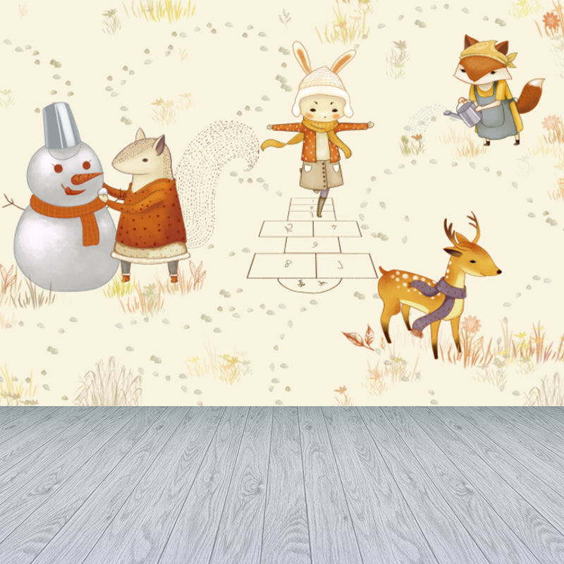 Delightful Cartoon Animals Wall Mural for Kids Room Spring Wall Decor, Customised Beige Clearhalo 'Wall Decor' 'Wall Mural' 1646325
