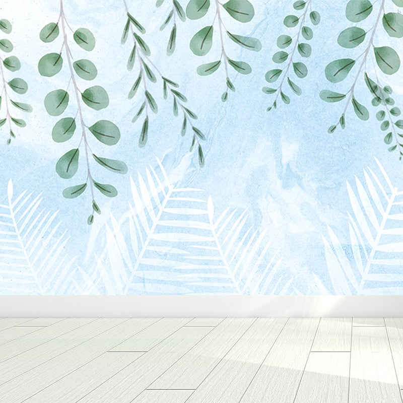 Modern Leaves Print Mural Soft Color Living Room Wall Art, Custom Size Available Blue Clearhalo 'Wall Decor' 'Wall Mural' 1646680
