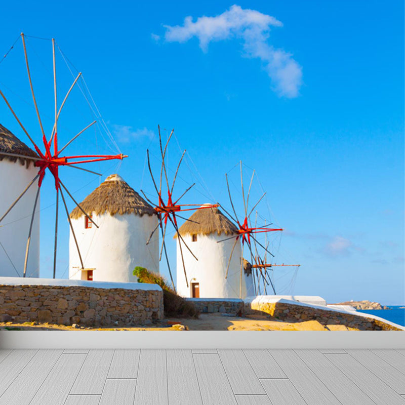 Huge Windmill Mural for Bathroom Nature Landscape Wall Art in Blue, Stain Resistant Clearhalo 'Wall Decor' 'Wall Mural' 1646841