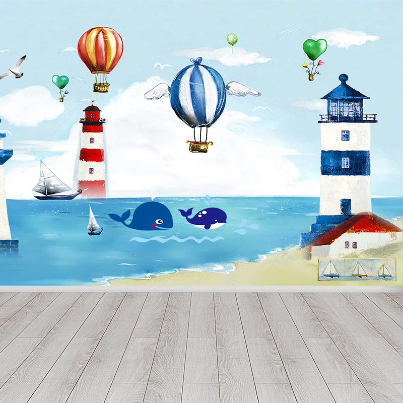 Blue Seaside Landscape Mural Decal Ocean Children's Art Stain Resistant Wall Covering Blue Design 2 Clearhalo 'Wall Decor' 'Wall Mural' 1647064
