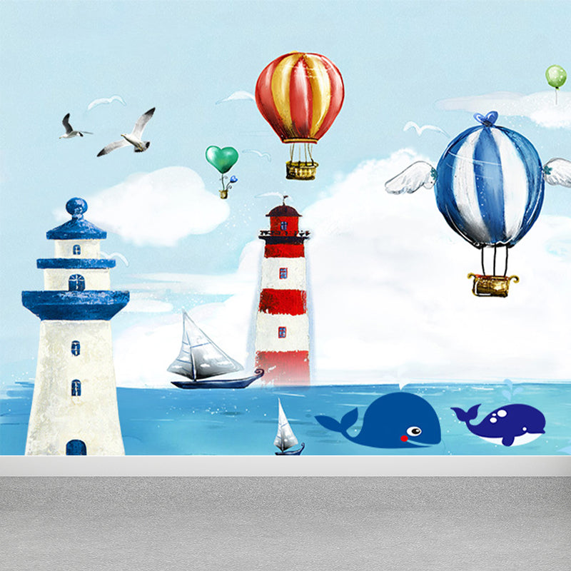 Blue Seaside Landscape Mural Decal Ocean Children's Art Stain Resistant Wall Covering Clearhalo 'Wall Decor' 'Wall Mural' 1647065