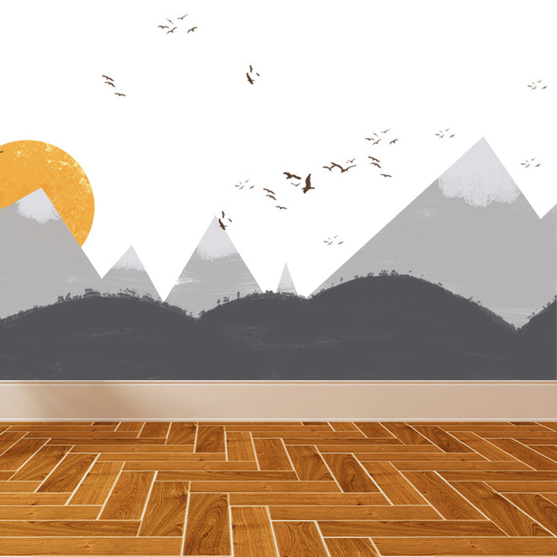 Gray Sun and Hills Mural Wallpaper for Decoration Children's Art Kids Room Wall Covering Clearhalo 'Wall Decor' 'Wall Mural' 1647316