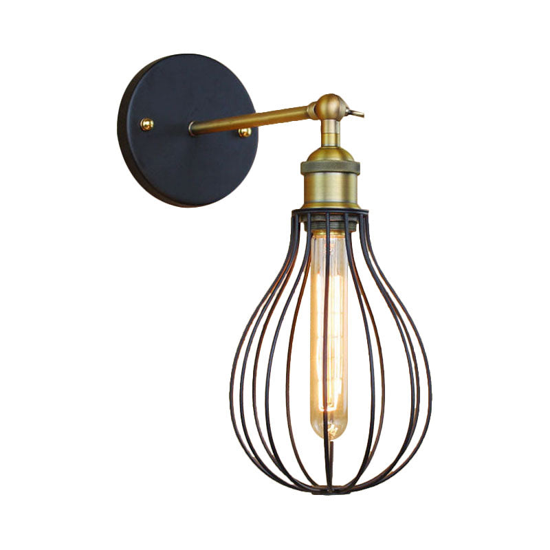 1 Head Cylinder/Teardrop Caged Wall Mount Lighting Industrial Black Metal Mini Wall Light Fixture for Bedroom Clearhalo 'Art deco wall lights' 'Cast Iron' 'Glass' 'Industrial wall lights' 'Industrial' 'Middle century wall lights' 'Modern' 'Rustic wall lights' 'Tiffany' 'Traditional wall lights' 'Wall Lamps & Sconces' 'Wall Lights' Lighting' 164760