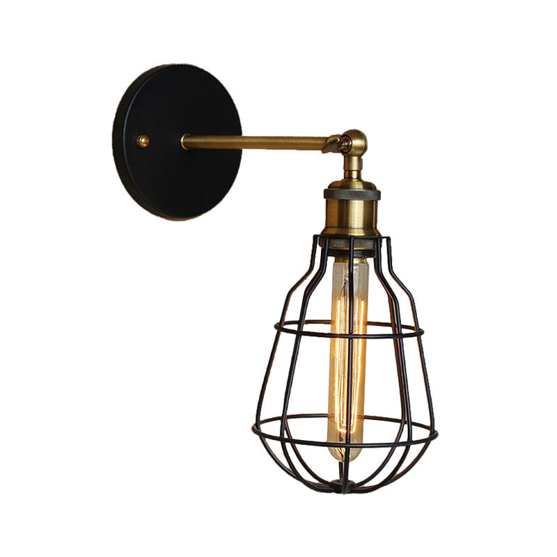 1 Head Cylinder/Teardrop Caged Wall Mount Lighting Industrial Black Metal Mini Wall Light Fixture for Bedroom Clearhalo 'Art deco wall lights' 'Cast Iron' 'Glass' 'Industrial wall lights' 'Industrial' 'Middle century wall lights' 'Modern' 'Rustic wall lights' 'Tiffany' 'Traditional wall lights' 'Wall Lamps & Sconces' 'Wall Lights' Lighting' 164769
